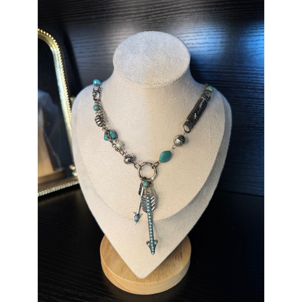 Western Turquoise Arrow Charm Necklace Silver Tone Southwestern Boho Jewelry 24"